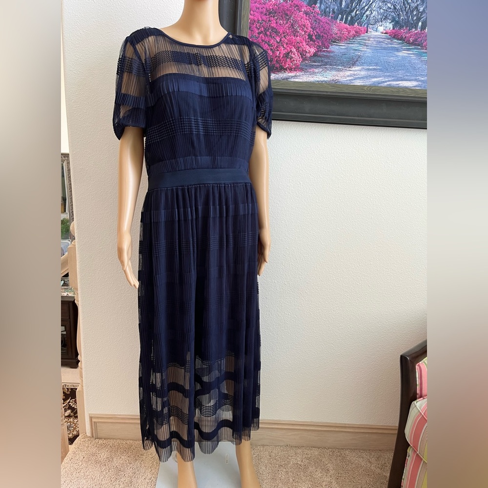 ECI. Sheer pleated navy dress. Size 10.